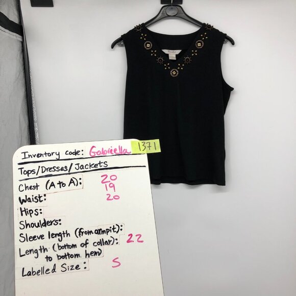 Tanjay Black Sleeveless V-neck beaded neckline tank top size S petite - Picture 10 of 12